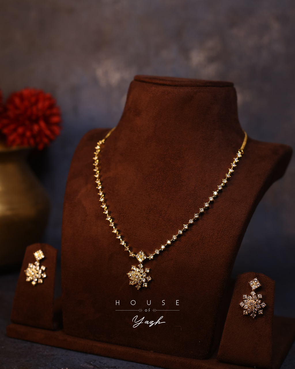 CZ Diamond Lookalike Necklace Set with Floral Pendant