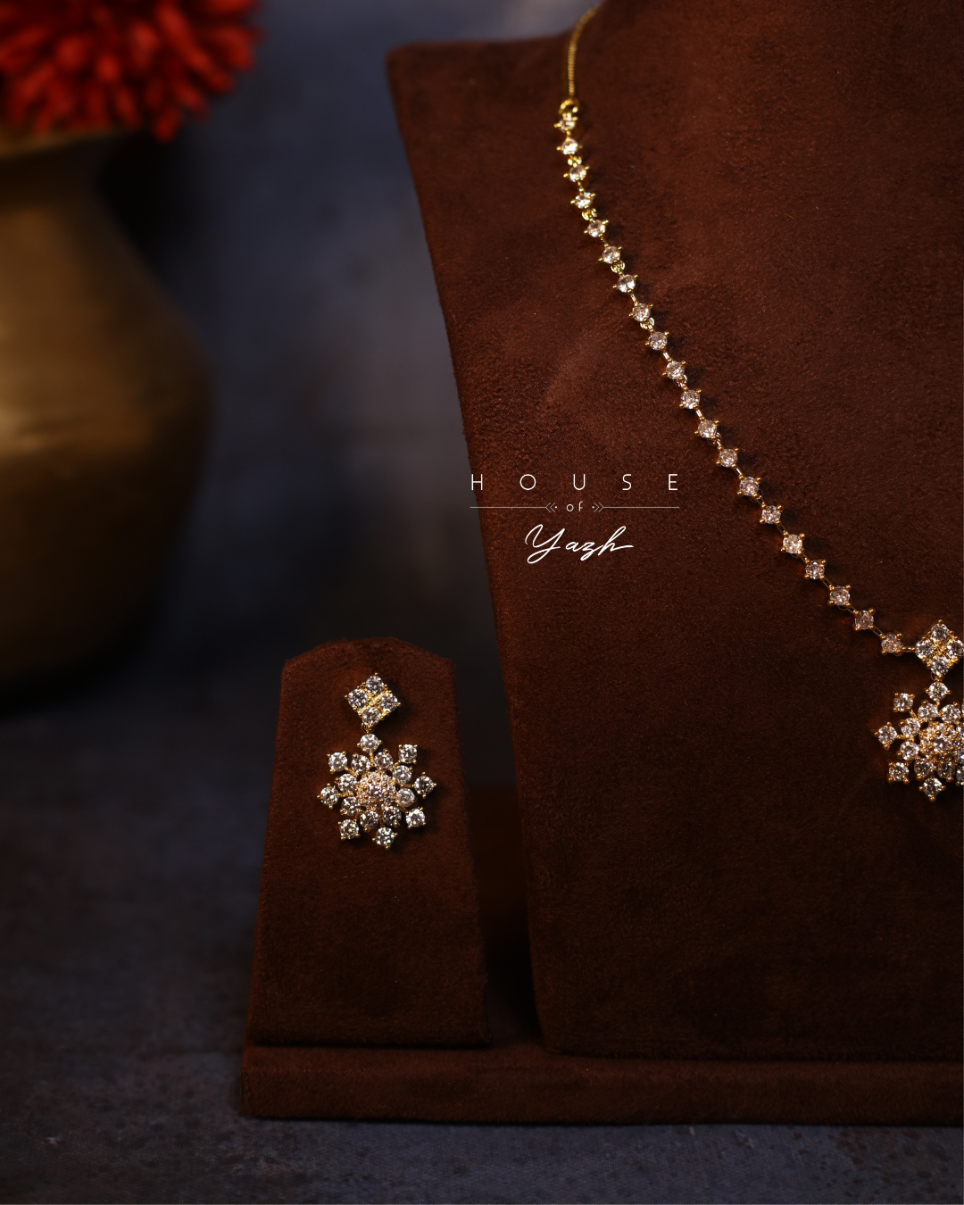 CZ Diamond Lookalike Necklace Set with Floral Pendant