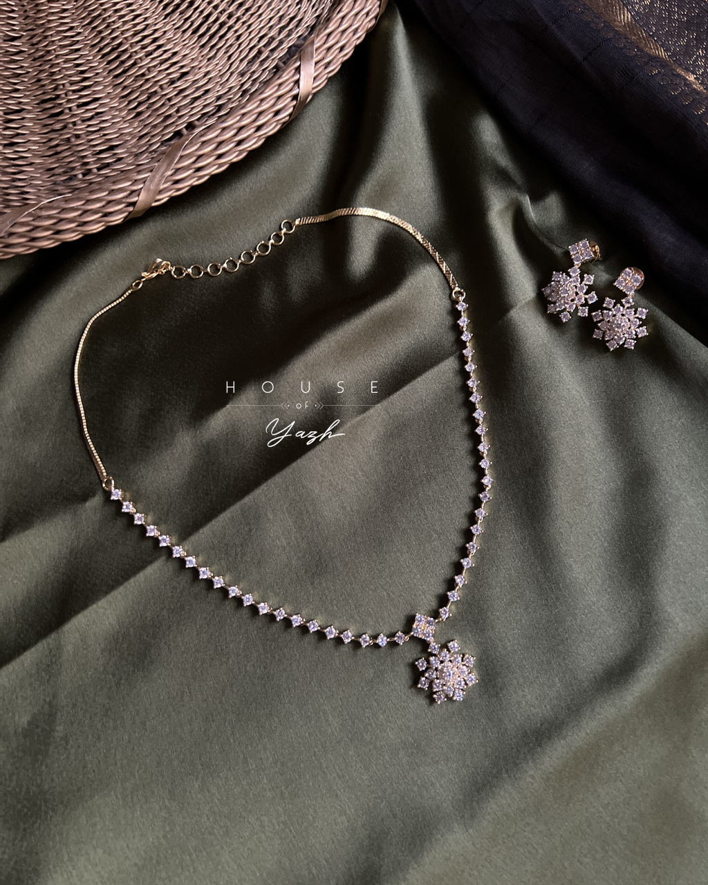 CZ Diamond Lookalike Necklace Set with Floral Pendant