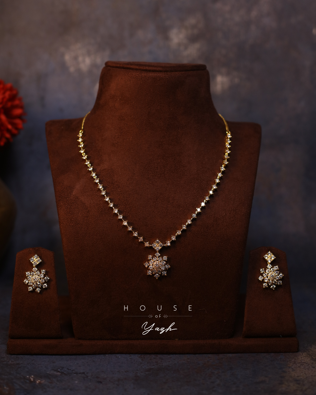 CZ Diamond Lookalike Necklace Set with Floral Pendant